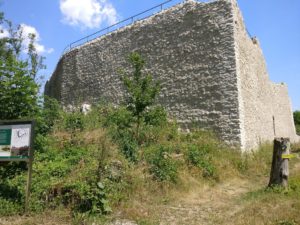 Meterhohe Burgmauer mit Geländer.