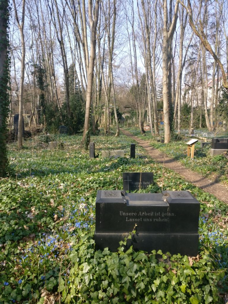 Schmaler Pfad gesäumt von Grabsteinen und Bäumen auf dem Georgen-Parochial Friedhof