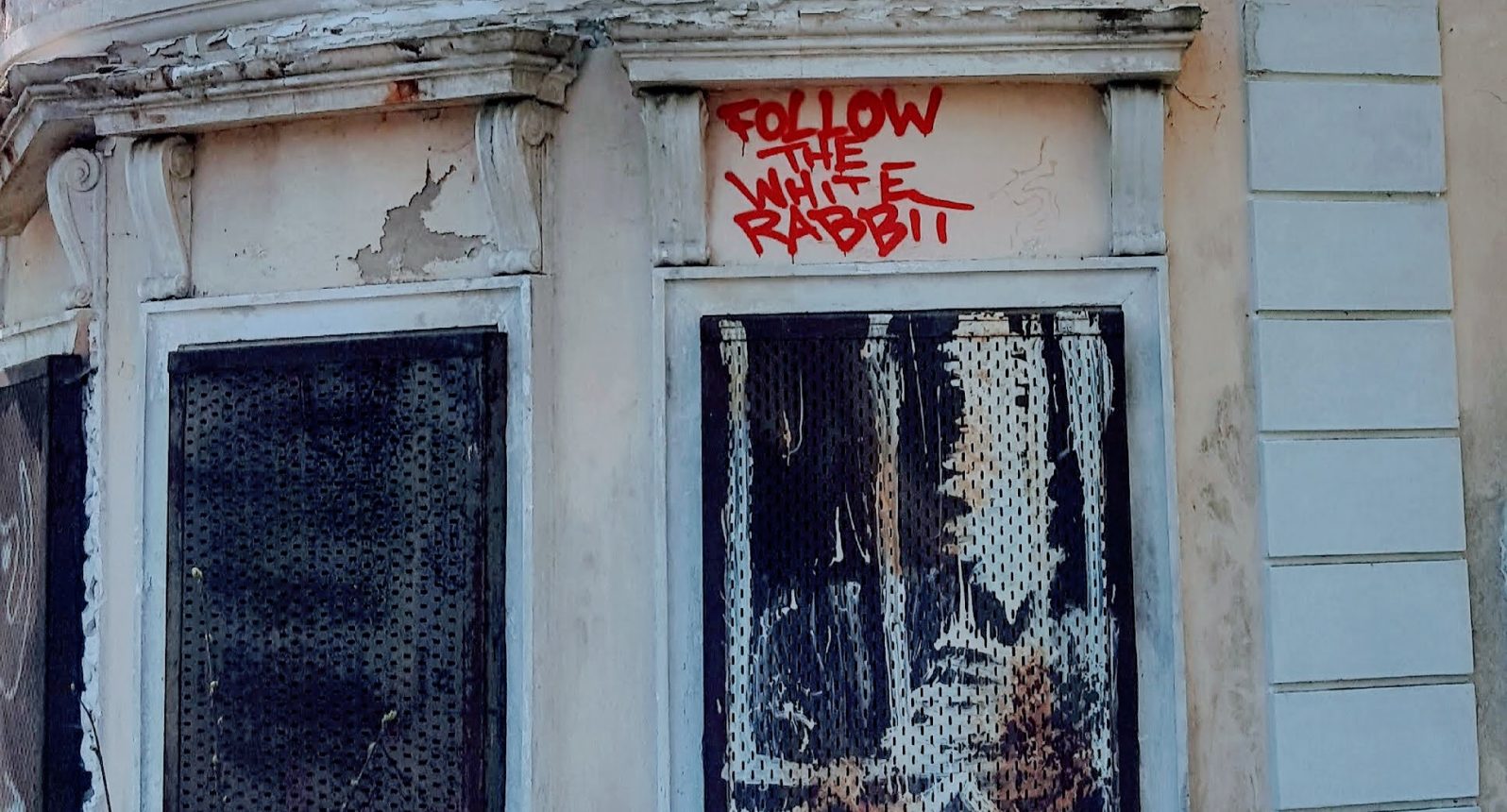 Graffiti auf Englisch: Folge dem weißen Kaninchen.