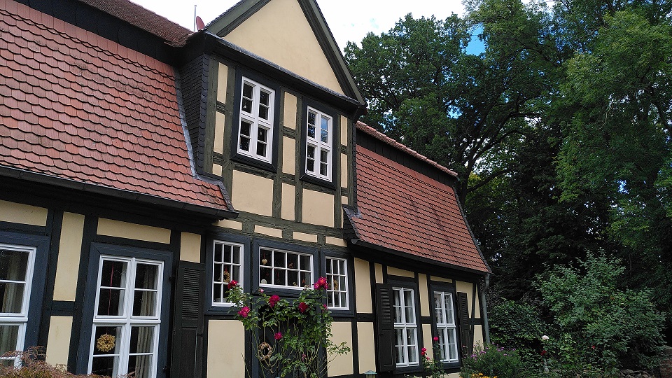 Gepflegtes braun-gelbes Haus im Fachwerkstil mit einem Rosenstrauch im Vorgarten und umgeben von Bäumen.