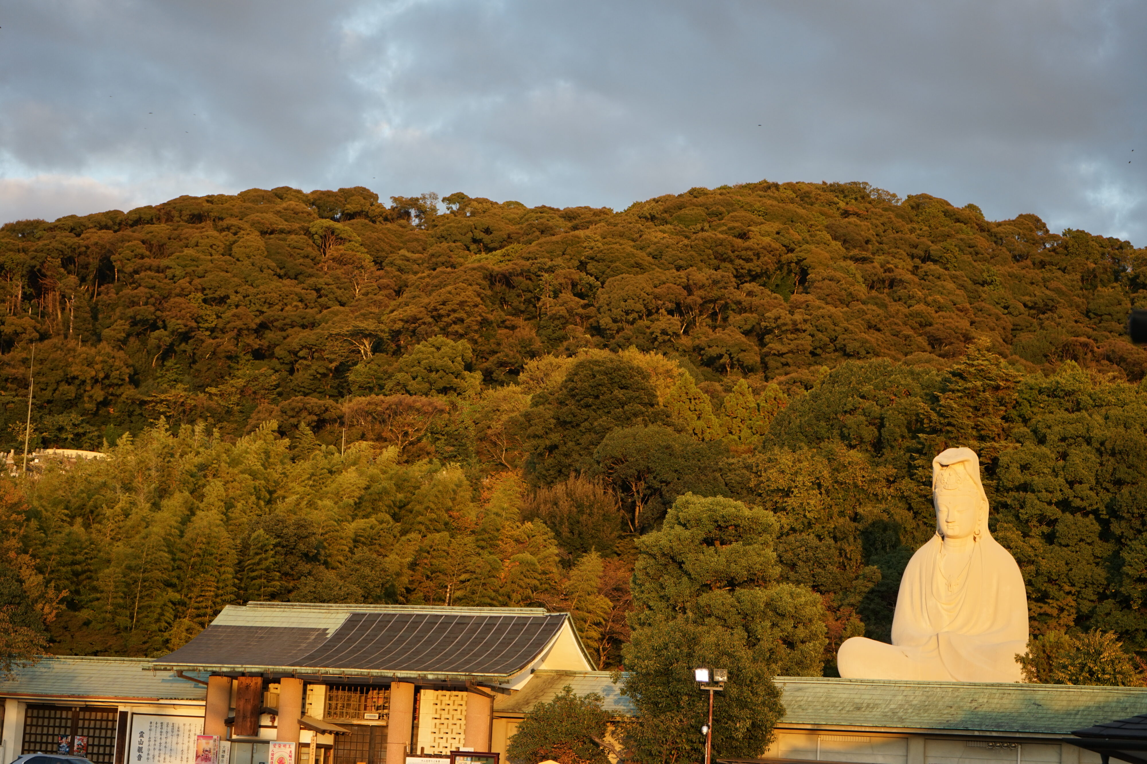 Blick auf einen mit Bäumen bewachsenen Hügel. Im Vordergrund ein Tempeleingangsbereich und eine gr0ße weiße sitzende Buddhafigur, die durch die untergehende Sonne gelb wirkt.