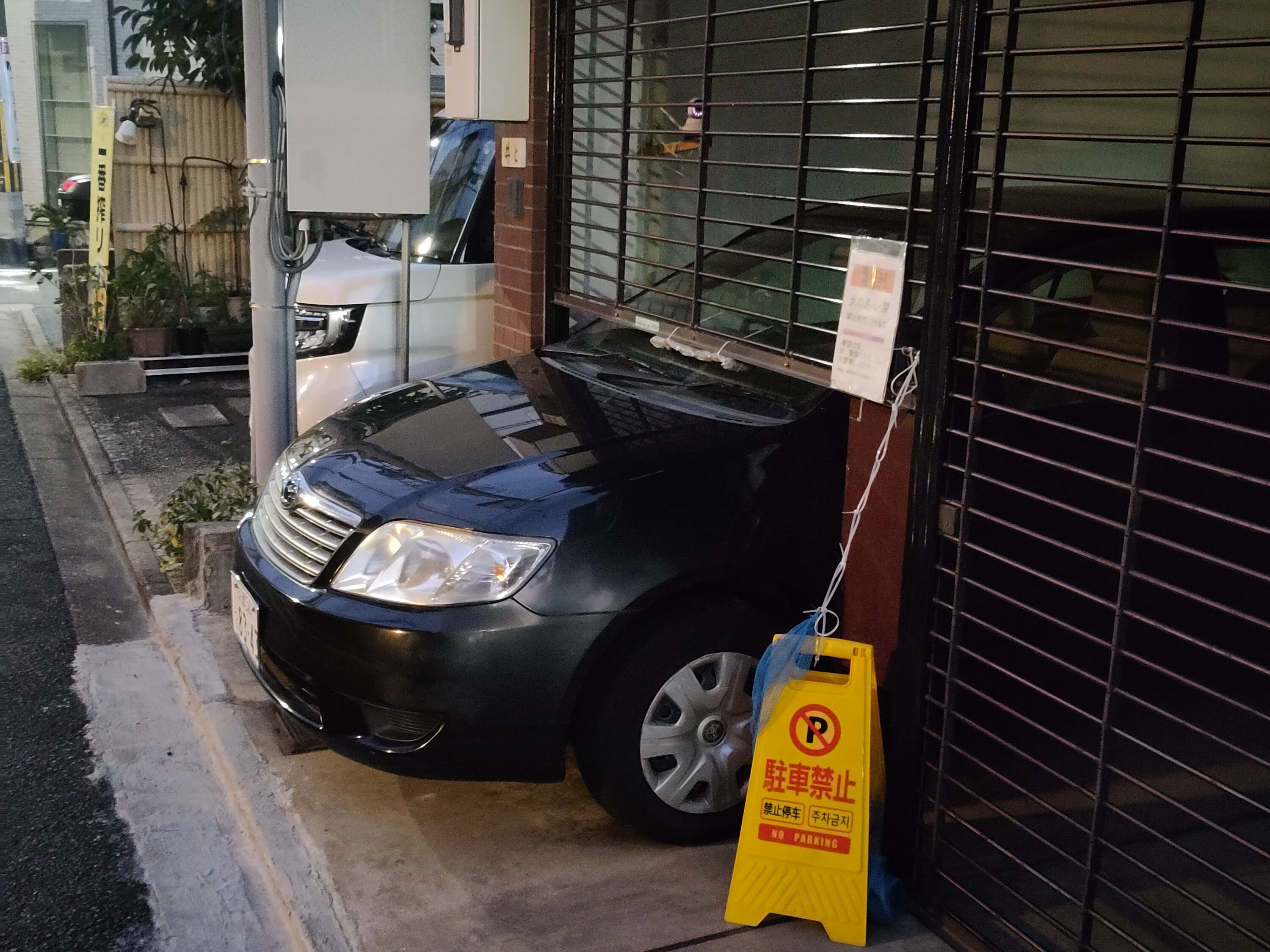 Ein parkendes Auto, dessen Motorhaube aus einer Garage herausragt.
