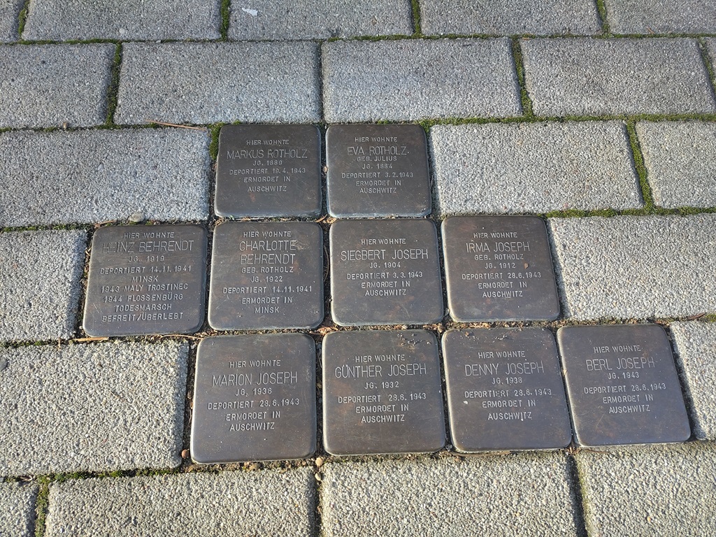 Zehn Stolpersteine der Familien Rotholz, Joseph und Behrendt.