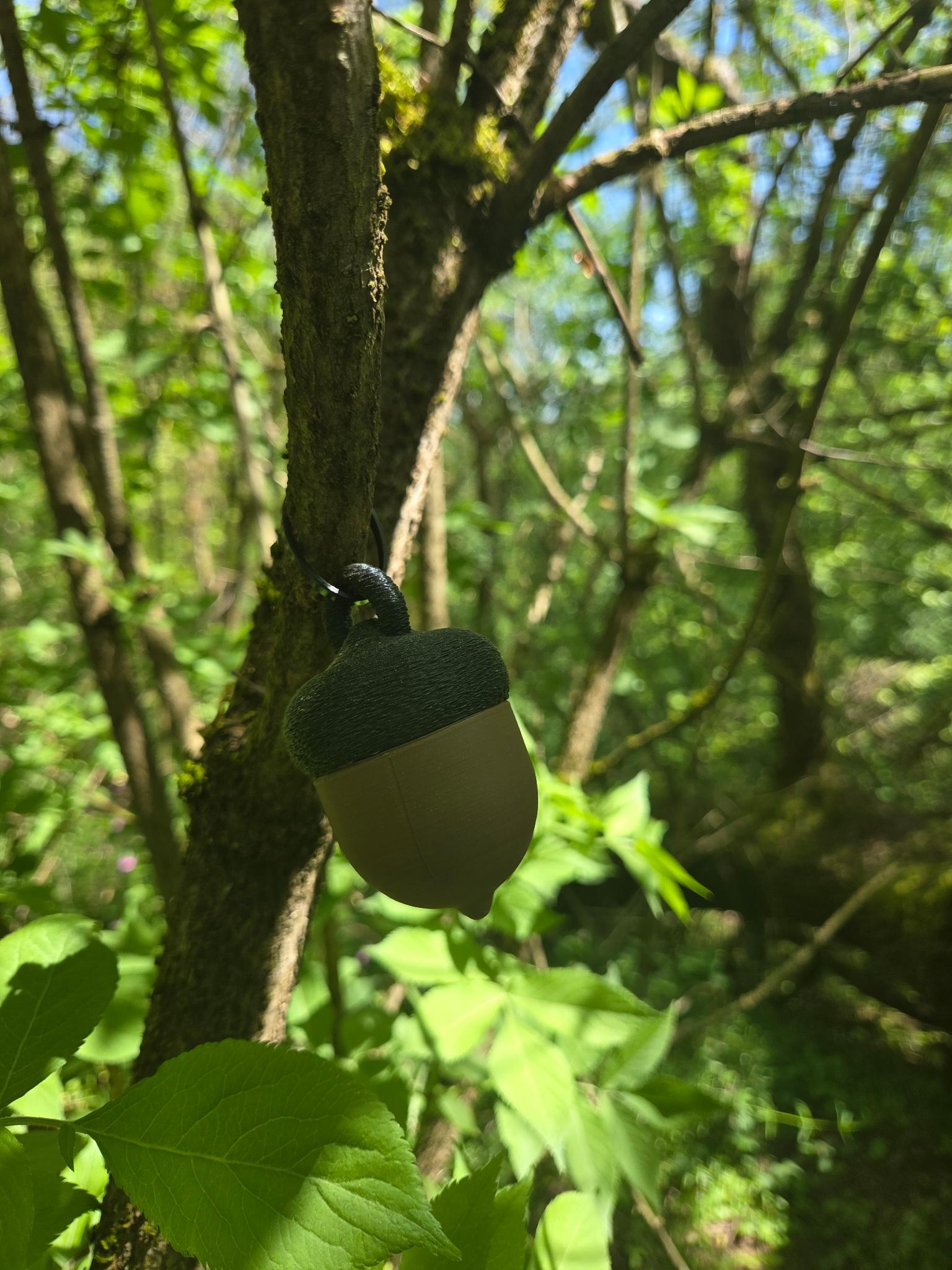 Plastik-Eichel an einem Ast.