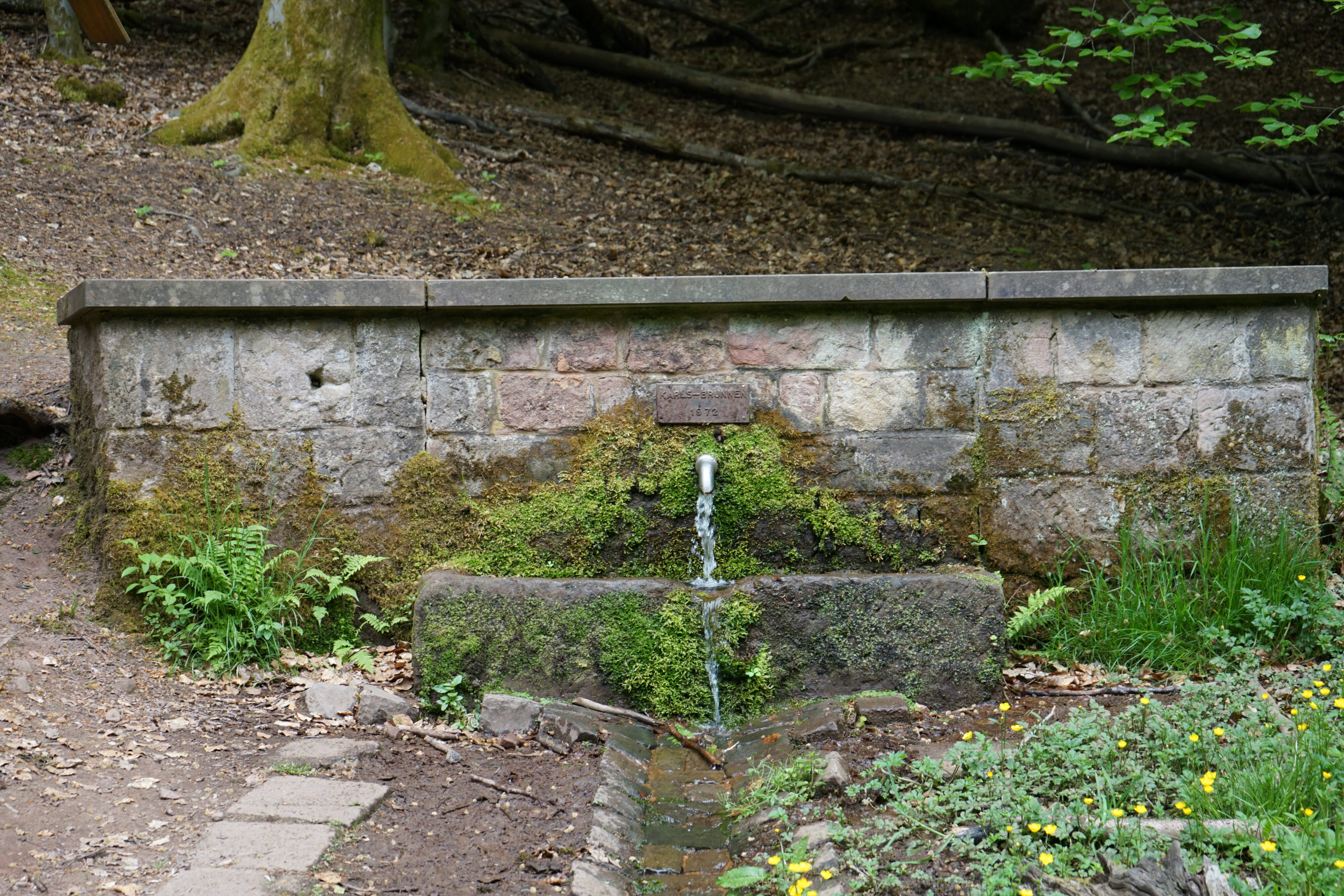 Karlsbrunnen: ein Mauer aus dem Wasser fließt.